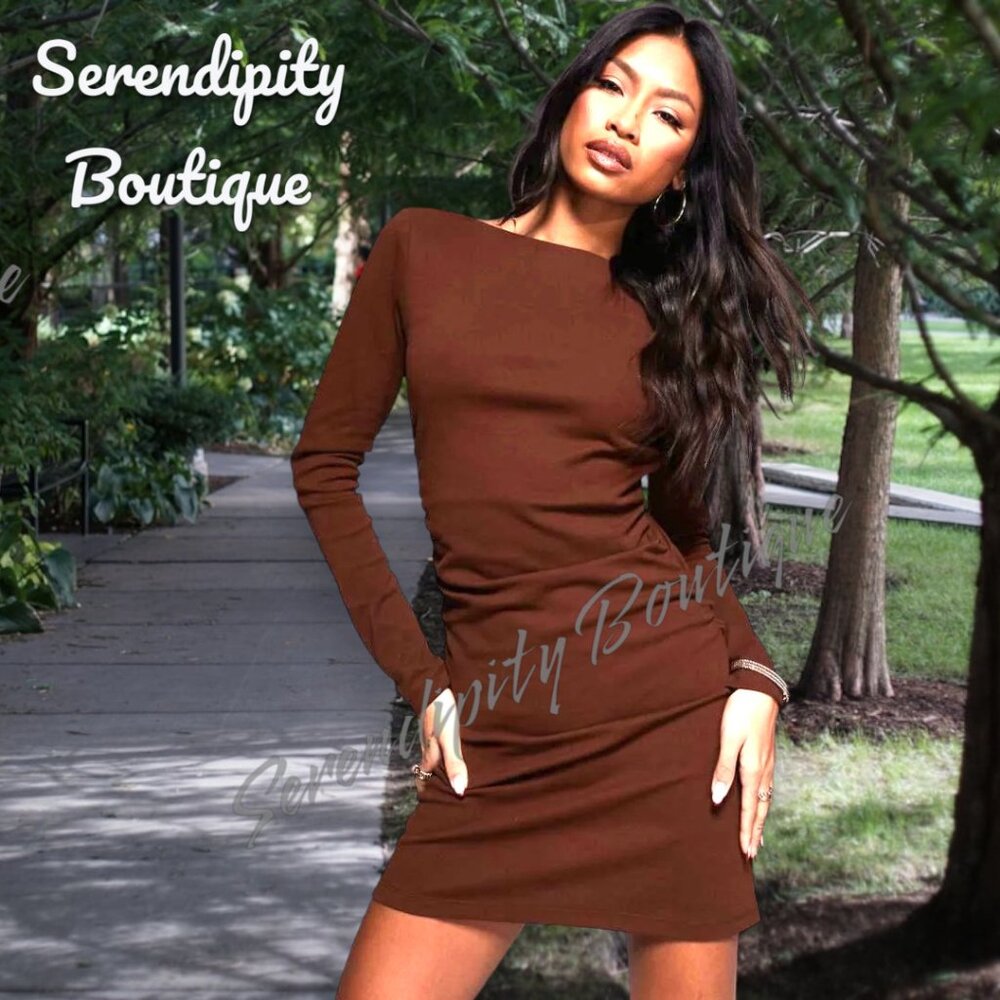 Classy Chic Loose Fit Cowl Scoop Back Long Sleeve Cozy Soft Bodycon Dress